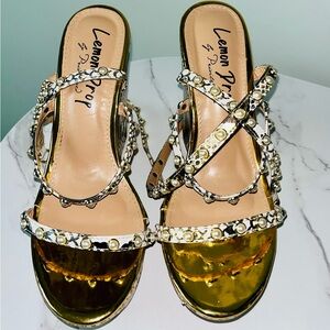 Lemon Prop by Privileged Gold Pearl Snake Print Strappy Wedge Sandals